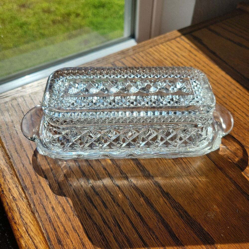 Vintage Anchor Hocking Wexford Cut Glass Covered Butter Dish 2 Pc